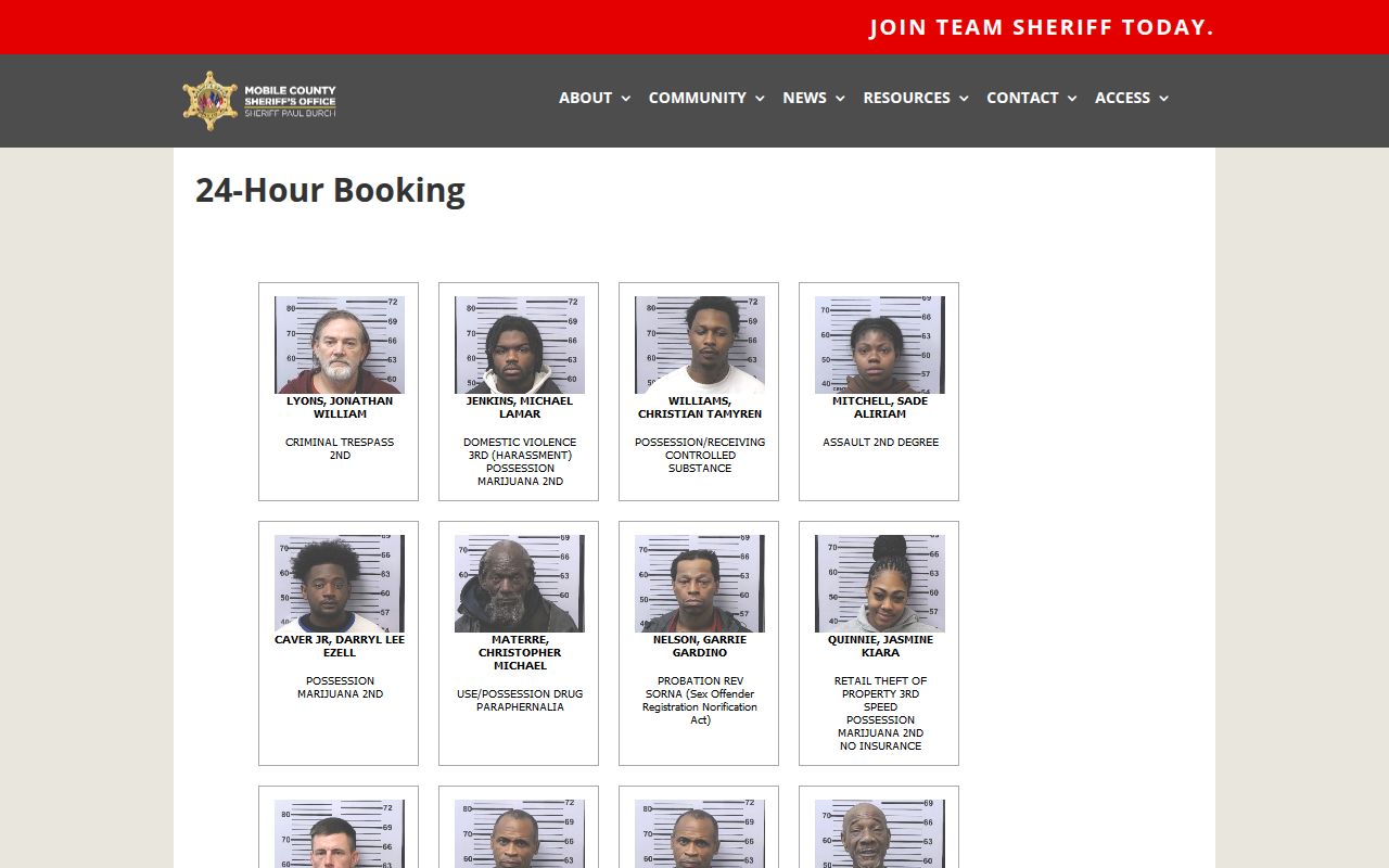Mobile County 24 hour booking report page