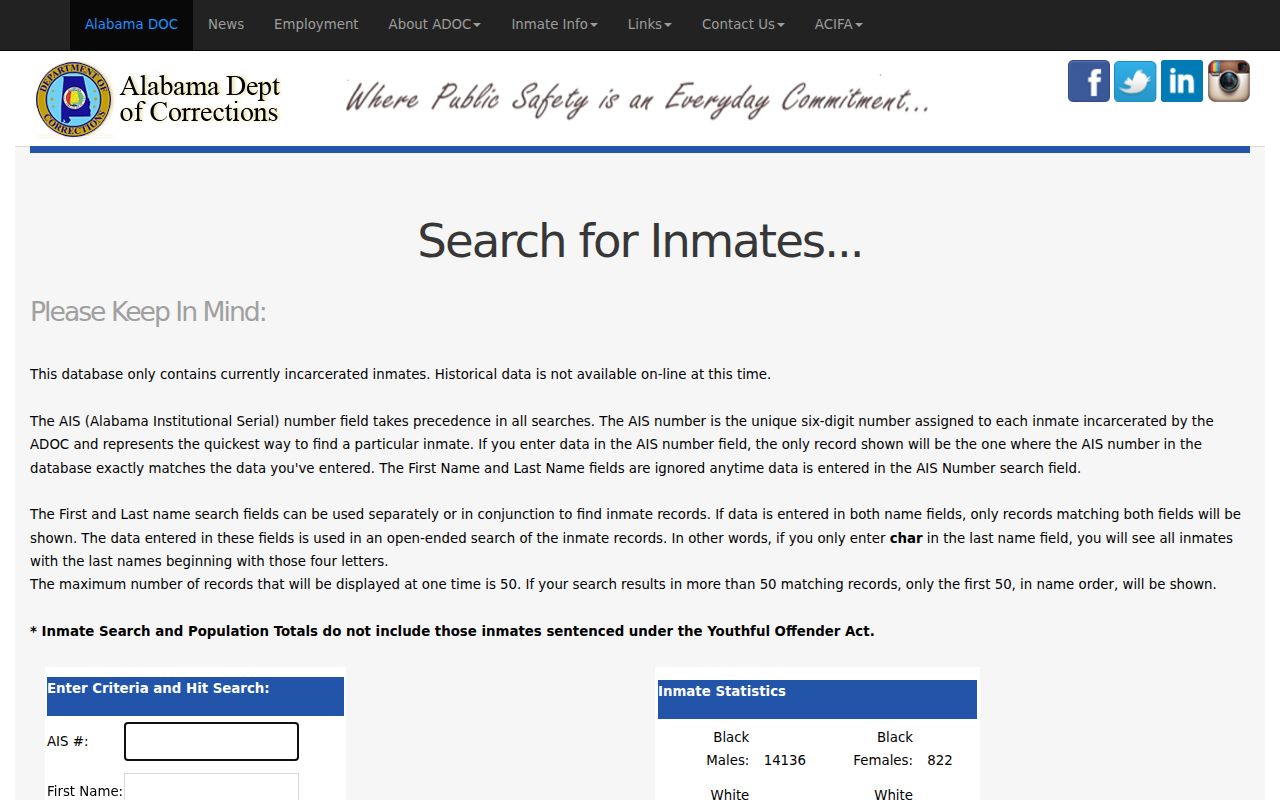 Alabama Department of Corrections inmate search for state prisoners