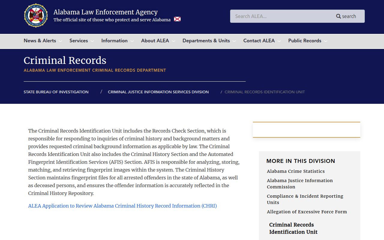 Alabama ALEA criminal records page for statewide booking searches